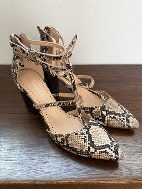 Adrienne Vittadini Snakeskin Pointed Toe T-Strap Heels in Beige and Black